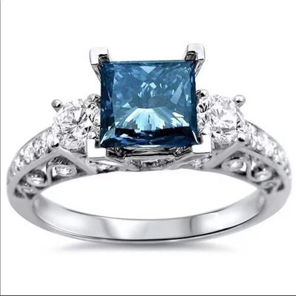 New Women’s 925 Silver Sapphire Princess Cut Ring - Picture 3 of 4